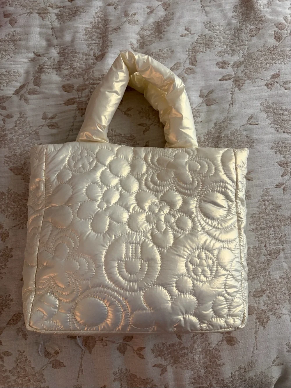 Quilted Satin Floral Tote Bag